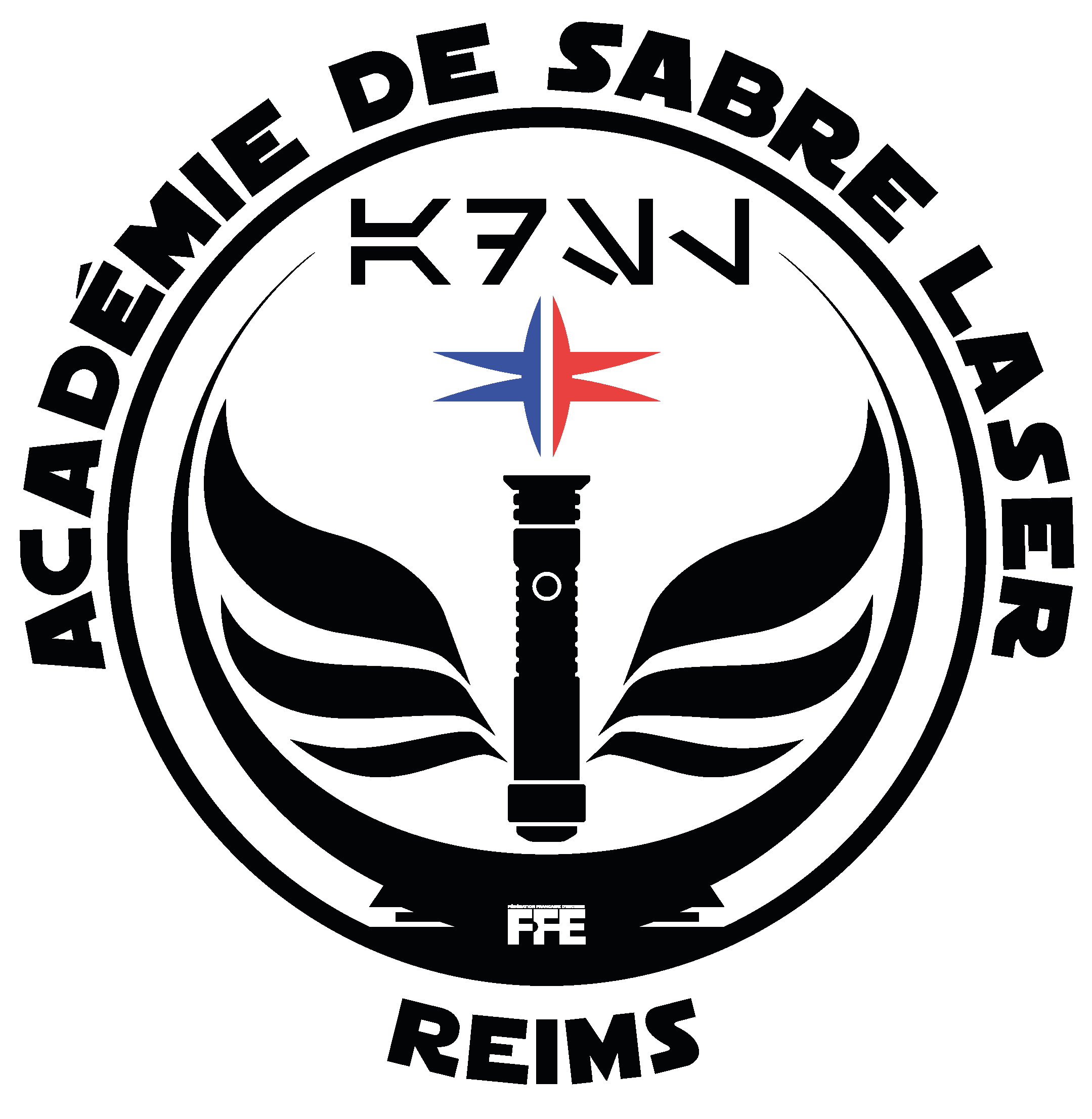 Logo officiel de l'Académie de Sabre Laser de Reims, comprenant un sabre laser stylisé, des ailes noires et l'emblème de la Fédération Française d'Escrime (FFE).