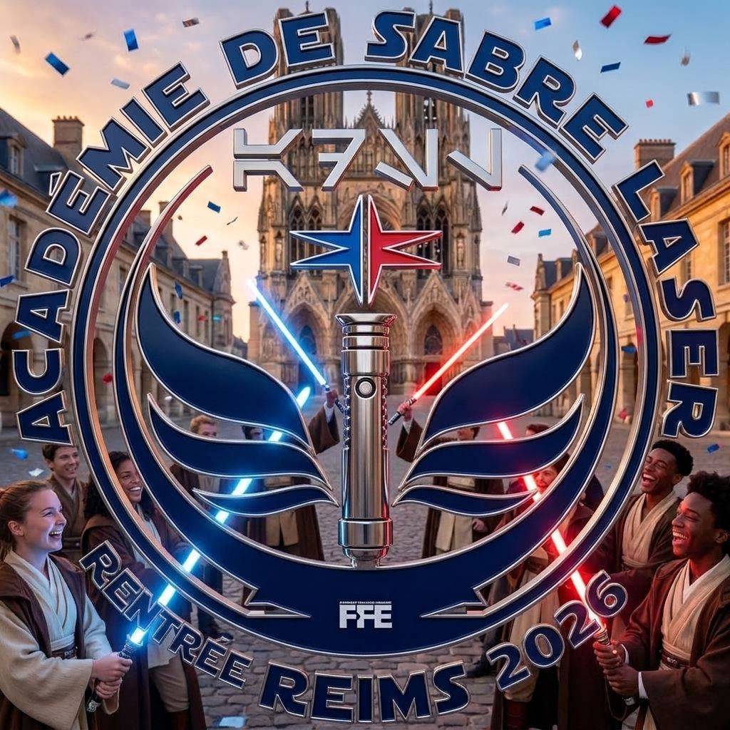 Logo officiel de l'Académie de Sabre Laser de Reims (ASL Reims) pour la rentrée 2026, avec la Cathédrale de Reims en arrière-plan. Des jeunes souriants en tenue de sabre laser brandissent des lames lumineuses bleues et rouges, entourant le logo festif.